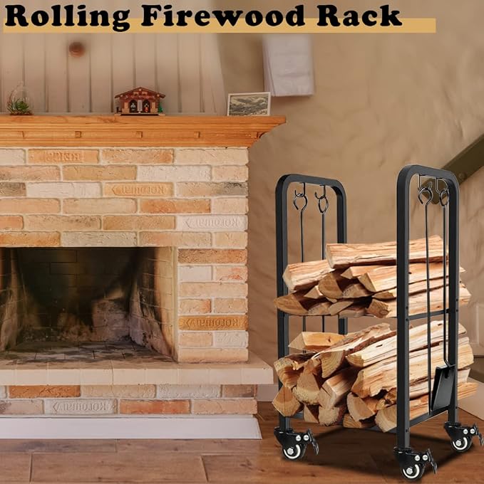 2-Tier Fireplace Firewood Rack Holder for Indoor Outdoor, Small Fire Wood Holder Log Storage Stacker Stand for Patio, Black(With Wheels)