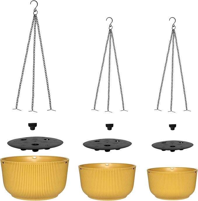 RooTrimmer Hanging Planters 9/10/11 Inch for Indoor Plants, 3 Pack Plant Hanger Outdoor with Drainage Holes, Self Watering Hanging Basket Flower Pot for Garden Home Decor, Yellow