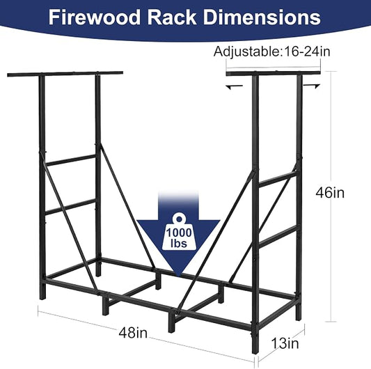 HONEST OUTFITTERS 4ft Firewood Rack Outdoor, Adjustable Heavy Duty Firewood Holder, Adjustable Wood Racks for Outdoor Indoor, Metal Log Racks for Firewood with Firewood Bag Carrier, Black