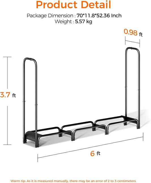 Firewood Rack 6ft, Heavy Duty Fire Wood Storage Racks for Indoor & Outdoor, Metal Log Holders for Firewood,Fireplace Wood Pile Storage Stacker Organizer, Black