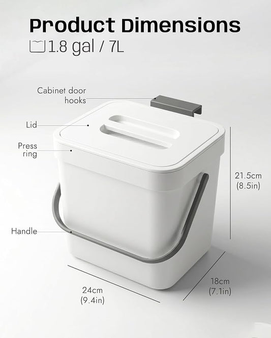 Kitchen Compost Bin - 1.8 Gallons Hanging Trash Can with Lid for Kitchen Cabinet Door, Under Sink, Wall Mounted Waste Bin for Bathroom, 7L(White)