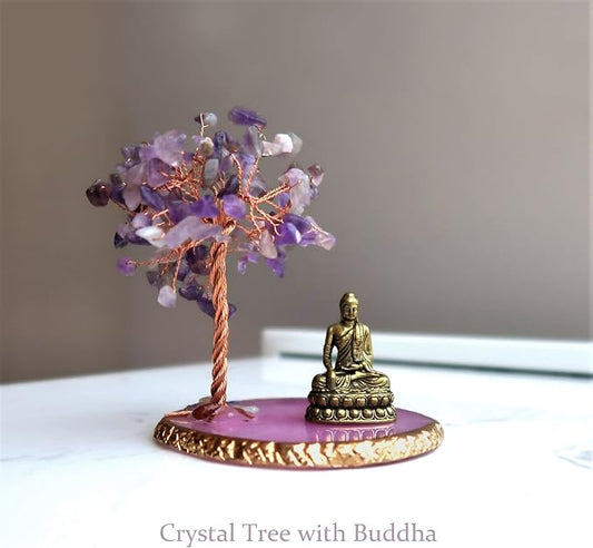 Buddha Statue with Healing Crystal Tree, Tree of Life for Positive Energy. Home Decor Yoga Meditation. Amethyst.(A)