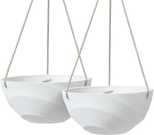 La Jolie Maison 10 Inch Hanging Planters for Indoor Plants, Outdoor Garden Planter Pots with Self-Watering Tray, Eggshell White, Set of 2