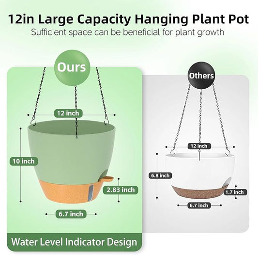 ZMTECH 12 Inch Large Self Watering Hanging Planters for Indoor Outdoor Plants - Water Level Indicator & Removable 60 Oz Reservoir, 1 Pack Plastic Hanging Basket for Window Porch Garden Balcony, Green