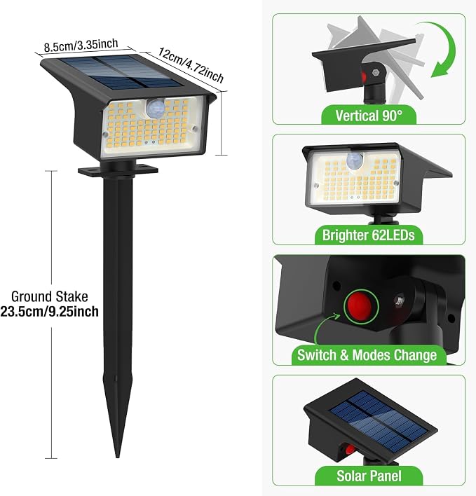 nipify 3 Pack 62 LED Solar Spot Lights Outdoor Motion Sensor with 3 Modes | 2-in-1, Auto ON/OFF, Solar Powered, Waterproof Landscape Spotlights for Outside Yard Wall Garden, Warm White