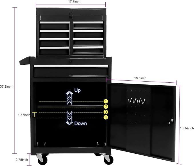 5-Drawer Tool Chest, Detachable Top Box for Garage, Black | Rolling Mobile Storage Cabinet Organizer with Lockable Wheels for Workshop Utility, Heavy Duty Metal Construction