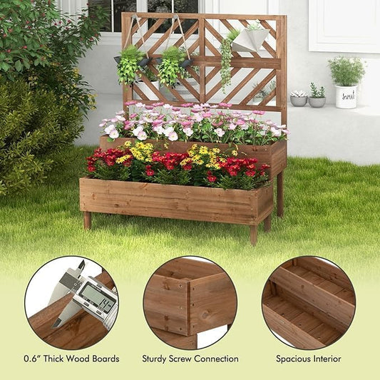 Nightcore Outdoor Elevated Garden Bed with Trellis,Raised Garden Bed with Legs & Drain Holes,2-Tier Wooden Planter Box for Vegetable Fruit Herb