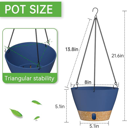 ZMTECH 2 Pack 8 Inch Hanging Baskets for Plants Outdoor Indoor, Modern Blue Planters with Water Level Window & Metal Chain for Balcony Patio Garden Home Decor