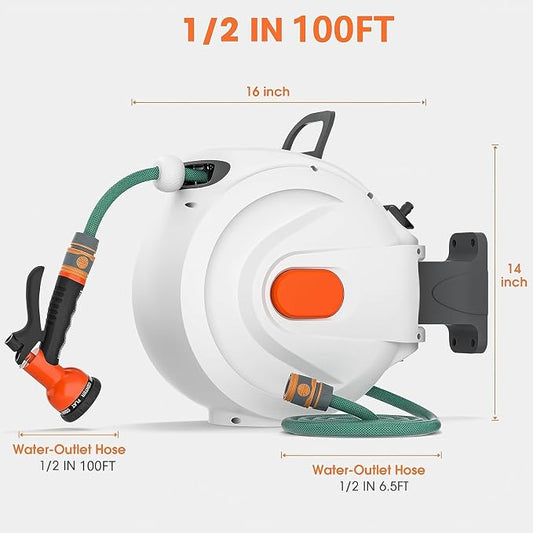 Retractable Garden Hose Reel 1/2 Inch x 100ft Wall Mounted, Auto Lock & Slow Retraction System, 8-Function Spray Nozzle, 180° Swivel Bracket, Heavy Duty Metal & PVC Construction (White, 100ft)