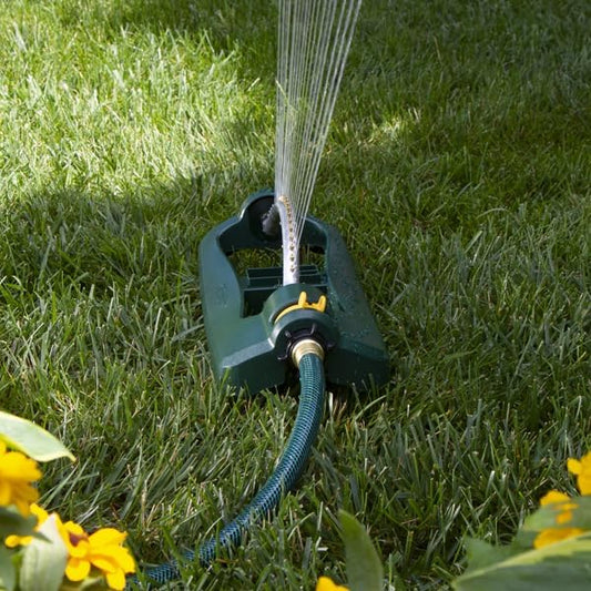 Melnor 65132AMZ Turbo Oscillating Sprinkler with Watering Gauge, Covers Up to 3,600 Sq. Ft., 18 Brass Nozzles, Adjustable Watering Range, Quick Connect Bundle, Green, Yellow