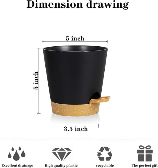 5 Pack 5 Inch African Violet Pots Self Watering, Self-Watering Planters with Drainage Holes & Reservoir, Black Brown Plastic Pots for Indoor Outdoor Plants, Succulents & Flowers