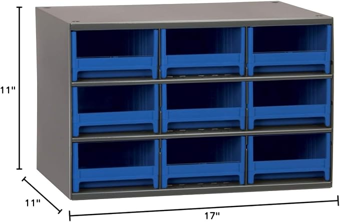 Akro-Mils Steel Garage Storage Cabinet, Small Parts Organizer Metal Cabinet for Hardware, Nails, Screws, Bolts, Nuts, and More, 17" W x 11" D x 11" H, 9-Drawer, Gray Cabinet/Blue Drawers (19909)