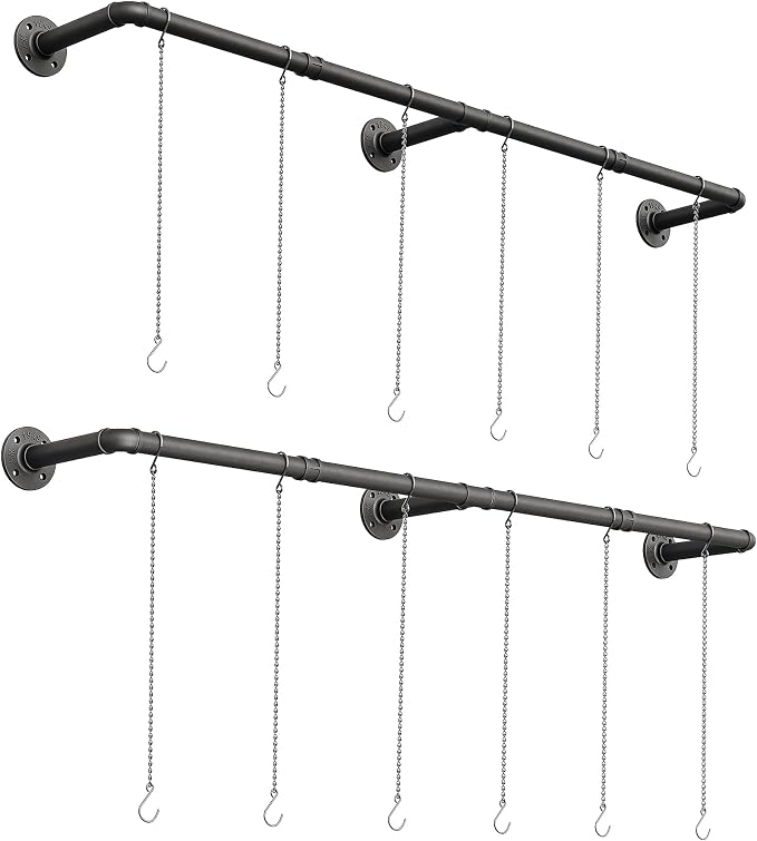 SOFITORG 65.7" Metal Plant Hanging Rod, 6 Chains, 2 Pack, Pots Not Included | Wall Plant Hanging Bar, Durable Hanging planter holder for Window Ceiling, Easy Assembly, All Hardware Included, Black