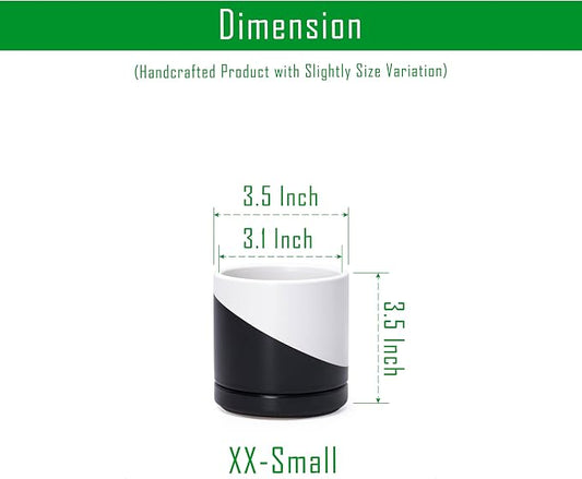 D'vine Dev 3.5 Inch Ceramic Planter Pot with Drainage Hole and Saucer, Indoor Cylinder Round Planter Pot, Oblique Monochrome Black and White, 94-O-A-K