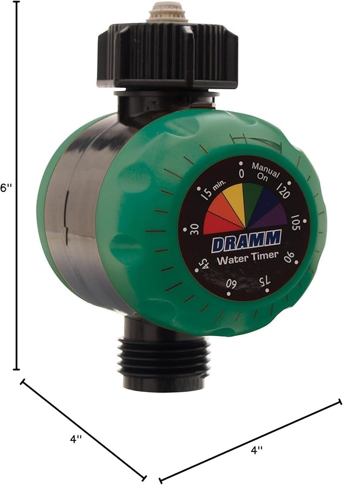 Dramm ColorStorm Premium Water Hose Timer, Mechanical, Turns Water Off Automatically, Up to 120 Minutes of Run Time, Compact for Lawn, Drip, Soaker Hose and Garden, Green