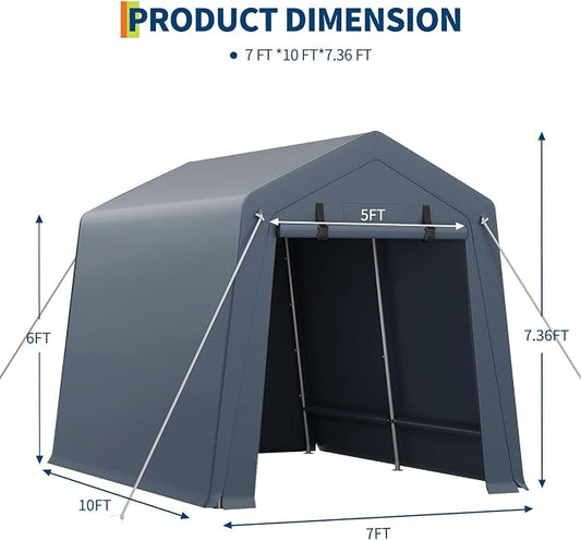 7 x 10 Ft Carport Portable Storage Shed Outdoor Tarp Sheds with Roll-Up Door, Bike Shed ATV Storage Tent for Motorcycle, Car, Garden Tools Grey