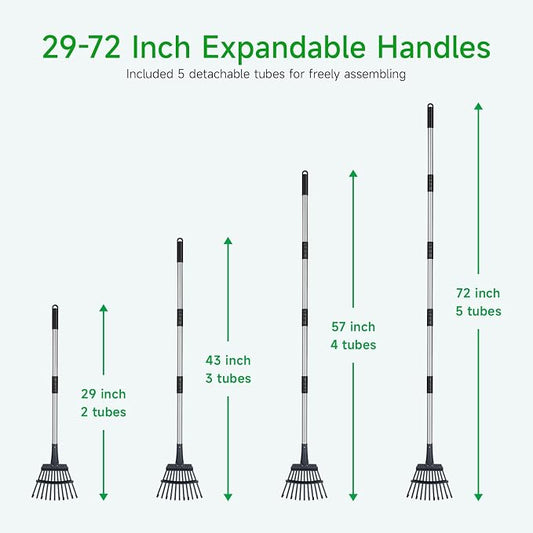 GreatBuddy Adjustable Leaf Rake, 8'' Wide Metal Rake, Perfect for Shrub, Flower Bed & Small Area, 29''- 72'' Expandable Stainless Steel Handle, Easy to Use