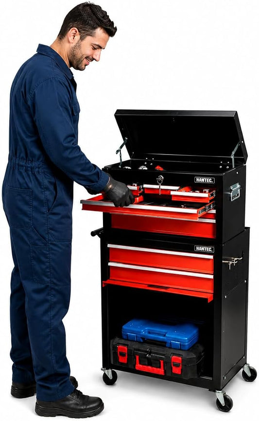 Hantec Tool Chest 9-Drawer Rolling Cabinet – Heavy-Duty Steel with Lockable Wheels, Keyed Lock & Ball-Bearing Drawers, 220 lbs Capacity, 20.1" W x 39.4" H, Organizer for Garage & Workshop (Red)
