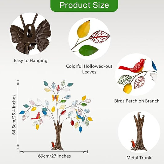 dreamskip 25" Tree of Life Metal Wall Art with Colorful Leaves and Birds, Large Metal Tree Wall Decor Sculpture Outdoor Indoor, Living Room, Patio, Fence, Bedroom, Garden Decoration