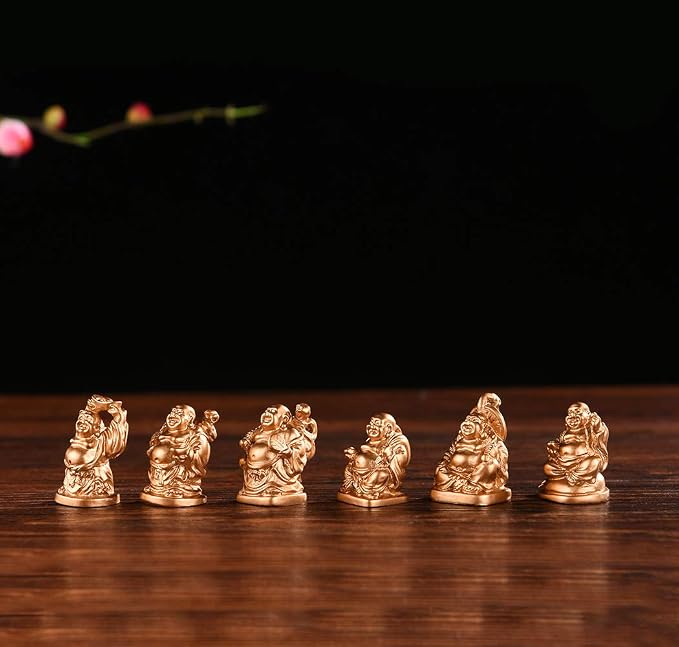6Pcs 1'' Gold Resin Laughing Buddha Figurines, Tabletop Lucky Decor | Mini Maitreya Buddha Statue, Flower Pot Statue, Home Office Desk Decor, Fengshui Collection Gift Ornaments