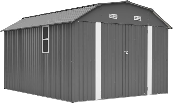 YOPTO 10×12 FT Outdoor Storage Shed,Heavy-Duty Metal Shed with Floor Base,All Weather Waterproof Tool Shed W/Diamond Roof & Windows,Lockable Double Door & 4 Air Vents,for Backyard,Patio,Lawn,Gray