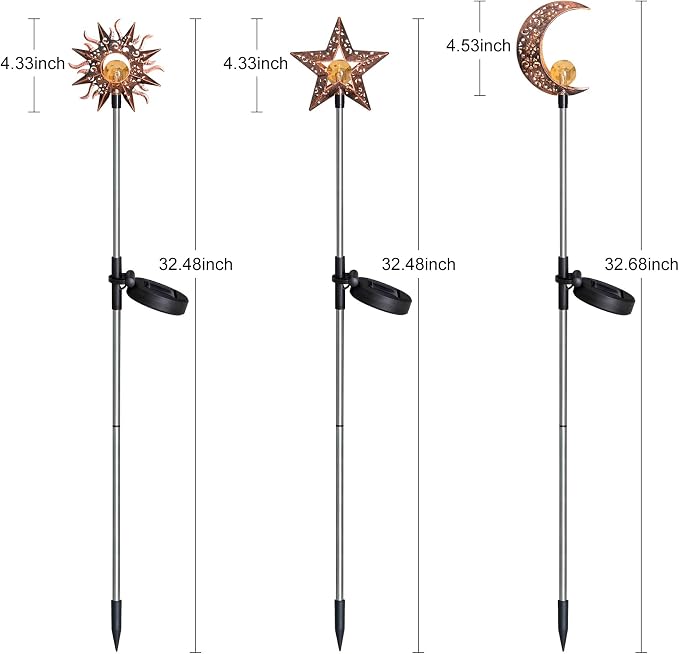Solar Garden Stake Lights, Moon Sun Star Yard Decorations Outdoor 3 Pack Solar Garden Decor for Lawn, Pathway, Flower Bed, Memorial Garden, Patio Outdoor Gifts for Mom, Loved Ones