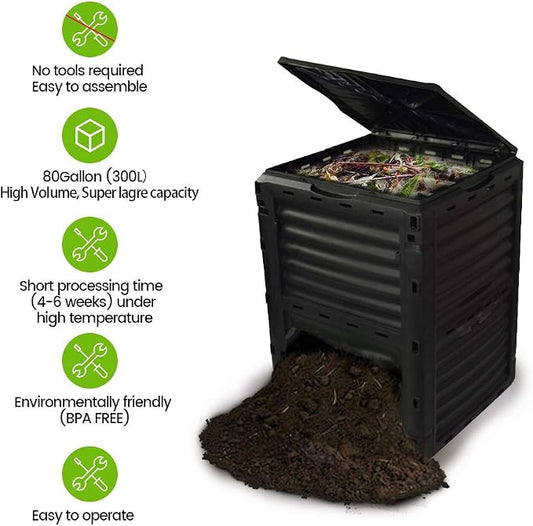80 Gallon (300L) Large Capacity Static Compost Bin - Sturdy Outdoor Waste Composter with Easy-Access Hatch, Efficient Aeration System for Fast Organic Fertilizer Creation, Black