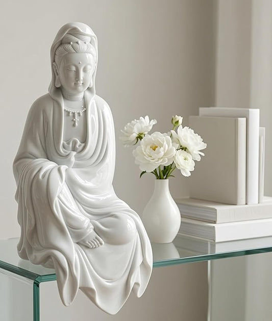Bellaa Kwan Yin Buddha Statue - 11" White Marble Powder Lady Buda Kuan Guanyin Goddess of Mercy Sculpture - Meditation Decor for Home, Office & Zen Garden 22654