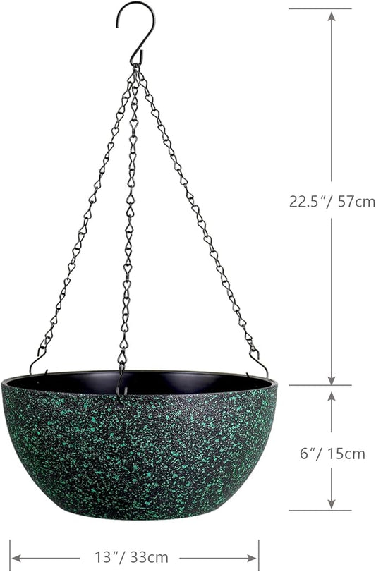 WSMKSZ 13inch Large Hanging Planters Pots for Outdoor Indoor Plants with Drainage Holes and Chain, 2pack Round Hanging Flower Pots for Garden Home Porch Decor, Black with Green Speckles