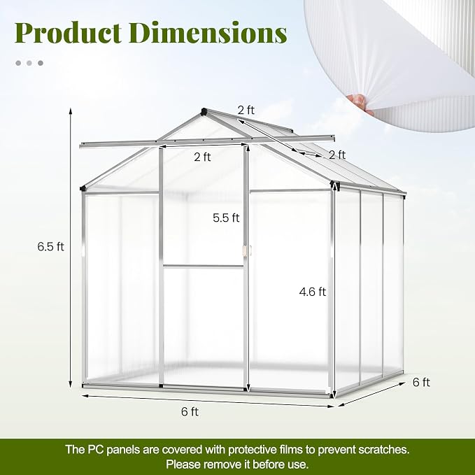 Happygrill Greenhouse, 6 x 6 x 6.5 FT Outdoor Polycarbonate Greenhouse w/ Sliding Door, Adjustable Roof Vent, Rain Gutter, Heavy-Duty Aluminum Greenhouses for Outdoors, Garden,Backyard, Patio, Lawn