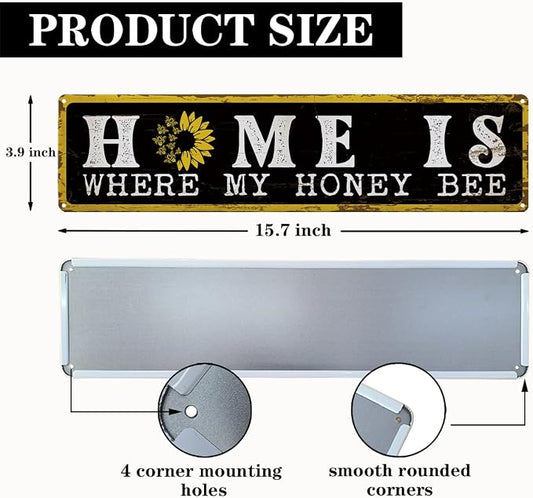 Garden Metal Tin Sign Bee Decor, Vintage Farmhouse Wall Art, Home Is Where My Honey Bee Sign, for Yard Fence Porch, Rustic Outdoor Garden Decoration, Ideal for Honey Lovers, 15.7 x 3.9 Inches