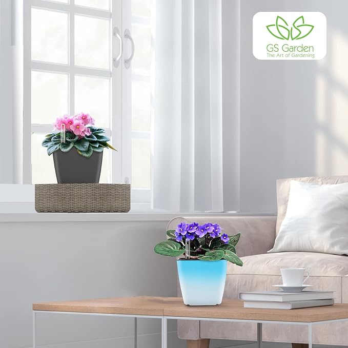 Self Watering Planters for Indoor Plants, 5.2 Inch 3 Pack Square Plastic Plant Pots with Water Level Indicator & Drainage System for African Violet Herbs Succulents - Gradient Blue