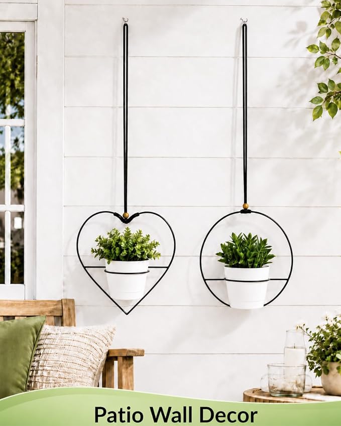 vensovo Decorative Hanging Planter Set of 2 – 1 Round & 1 Heart-Shaped Metal Frame Hanging Plant Holders with Braided Rope, Wooden Bead Accent & White Plastic Pots – Stylish Indoor Outdoor Decor