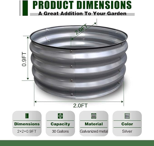 GrowHaus 2x2x1FT Galvanized Raised Garden Bed, Planter Boxes Outdoor Round Metal Garden Beds for Planting Vegetables Flowers Herbs Silver