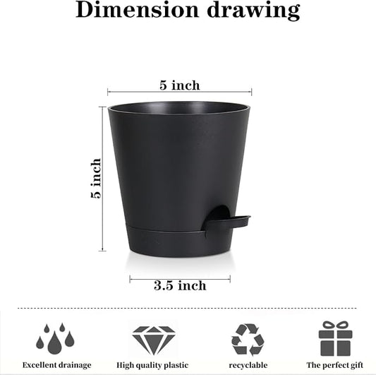 5 Pack 5 Inch African Violet Pots Self Watering, Self-Watering Planters with Drainage Holes & Reservoir, Black Plastic Pots for Indoor Outdoor Plants, Succulents & Flowers