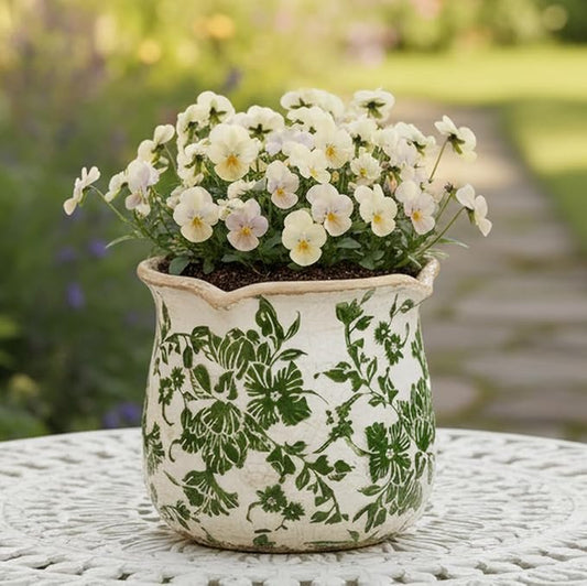 Xiaan Jiaju Tuscan Ceramic Plant Pots, 6.11 Inch Vintage Planters with Drainage Hole for Indoor Plants, Farmhouse Green Scroll Vase & Flower Pots, Home Kitchen Garden Decor, Plant Lover Gifts