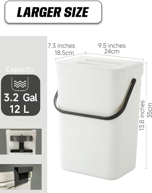 Kitchen Compost Bin - 3.2 Gallons Hanging Trash Can with Lid for Kitchen Bathroom, Under Sink Trash Can, Outdoor Compost Bucket with Lid, 12L(White)