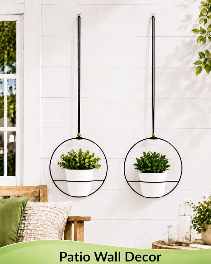 vensovo Decorative Hanging Planter Set of 2 – Round Metal Frame Hanging Plant Holders with Braided Rope, Wooden Bead Accent & White Plastic Pots – Indoor Outdoor Modern Home Decor