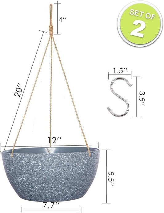 SwinDuck 12 Inch 2 Pack Large Hanging Planters for Indoor Outdoor Plants, Plastic Hanging Basket Pots for House Plants Flowers, Grey