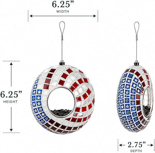 Backyard Expressions Hanging Glass Bird Feeder - Patriotic - Fly Through Bird Feeders for Outside, Mosaic Bird Feeder, Round Shape Wild Birdfeeder