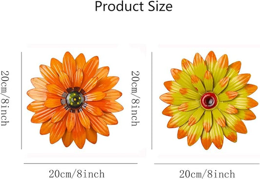Outdoor Metal Wall Art Decor, 2 Pack 8 Inch Sunflower Wall Decorations, Hanging Outdoor wall Decor, Handmade Metal Flowers for Outdoor Outside Indoor Decor,Orange