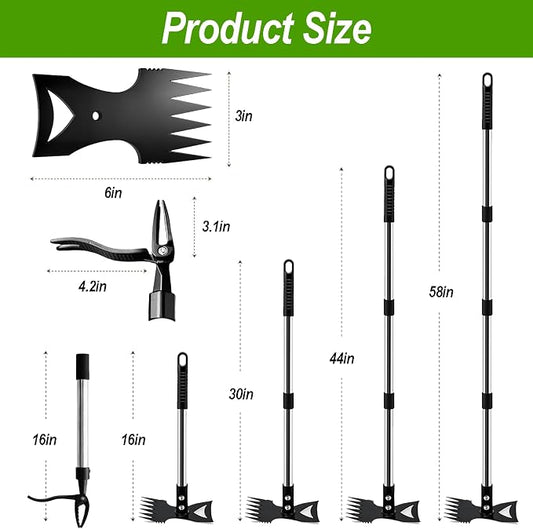 Stand Up Weed Puller Tool with 58" Adjustable Long Handle, 2 in 1 Heavy Duty Manual Weeder & Garden Hoe, 4-Claw Steel Head Weed Remover with Gloves for Yard Lawn Patio Flower Bed