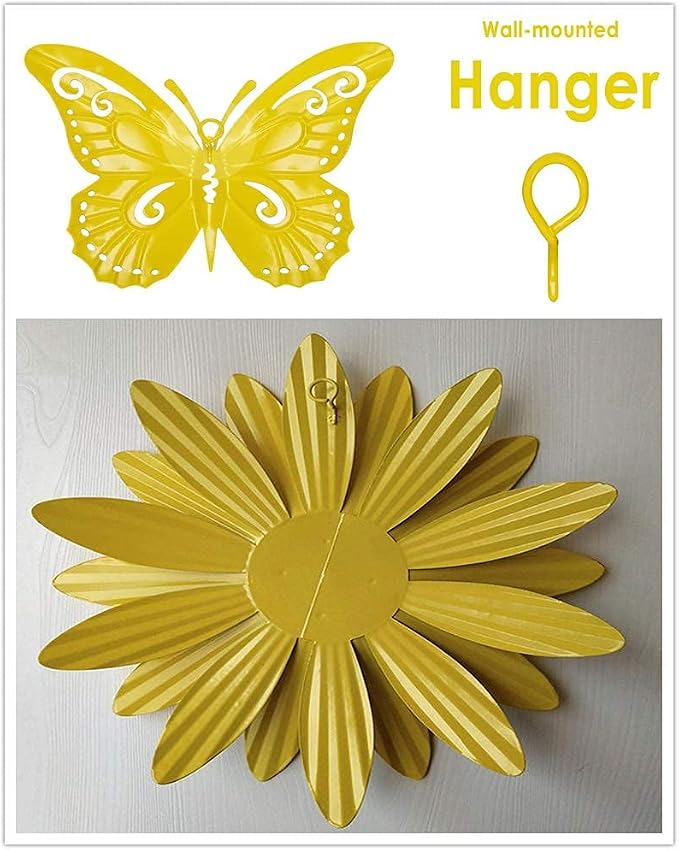 Meduofon Metal Flowers Wall Decor and Butterfly Wall Art, 3 Pack Metal Outdoor Wall Art Decor, Fence Art Wall Sculptures for Indoor Outside Garden Patio Decorations (Yellow&Green)