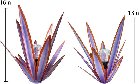 Metal Agave Plant Garden Art, 2 Pack Tequila Rustic Sculpture, Rustic Metal Agave Plants Garden Lawn Home Ornaments, for Yard Stakes, Garden Figurines, Outdoor Patio (2 PCS Purple with Light)