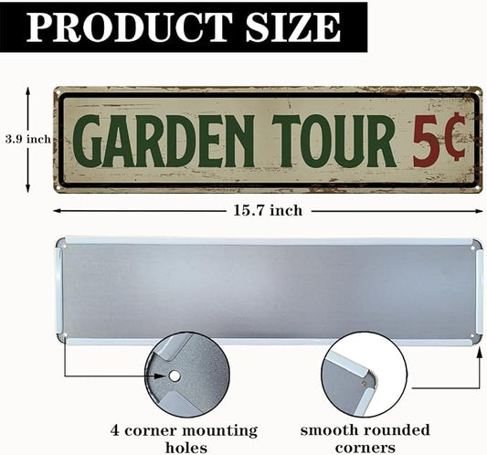 Garden Metal Tin Sign, Vintage Farmhouse Decor, Garden Tour 5 Cents Sign, Gardening Wall Art, for Yard Fence Door Porch, Funny Indoor Outdoor Decoration, 15.7 x 3.9 Inches