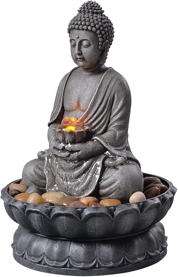 GOSSI 11.2 Inch Tall Indoor Tabletop Buddha Fountain with Reflective Lighting and Cobblestone Base, Zen Desk Water Fountain for Office and Home Decor