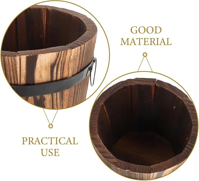 DOITOOL Rustic Wooden Barrel Planter: Wood Whiskey Barrel Bucket Flower Pots Indoor Outdoor Plants Boxes Container for Home Garden Patio Backyard - 7.08 x 5.9 x 5.1 inches (Small)