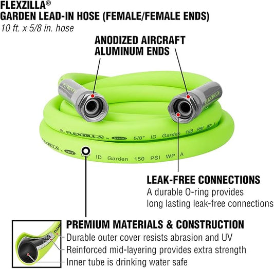 Flexzilla Garden Lead-In Hose, 5/8" x 10', Female to Female Fittings (3/4" - 11 1/2 GHT)