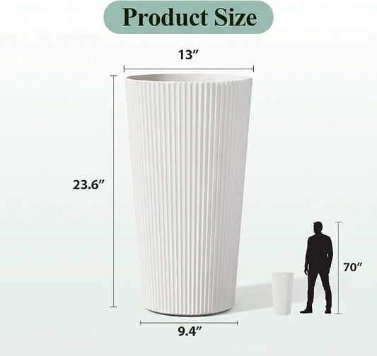 24" Tall Planters for Outdoor Plants with Insert, Set of 2 White | Large Outdoor Planters for Front Porch Decor with Drainage Hole, Plastic Striped Flower Pots Fits Indoor Plants Patio Garden