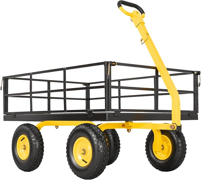 VEVOR Steel Garden Cart, 1200 lbs Heavy Duty Pullable Garden Wagon Yard Cart, 2 in 1 Outdoor Metal Utility Wagon Yard Trailer with 13" All Terrain Tires, Mesh Detachable Sides and 180° Rotating Handle